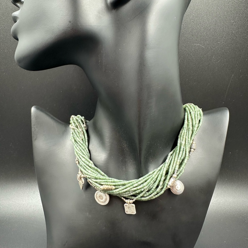 Vintage Multi-strand Beaded Necklace Elongated Round Beads w Silver Charms